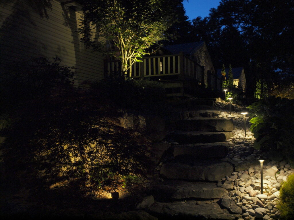 A house with a walkway lit up at night.