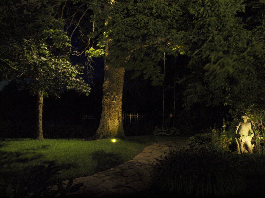 A tree in the middle of a path at night a with a lit up statue in the garden.