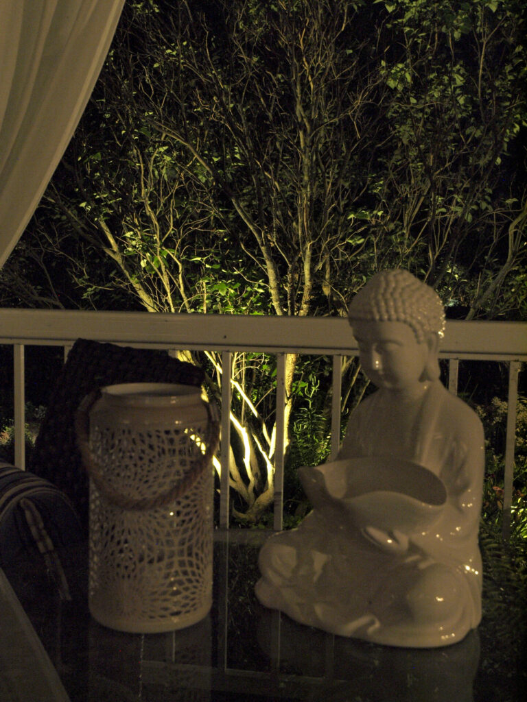 A statue of a buddha sitting on a table with a tree lit up with outdoor lighting in the background.