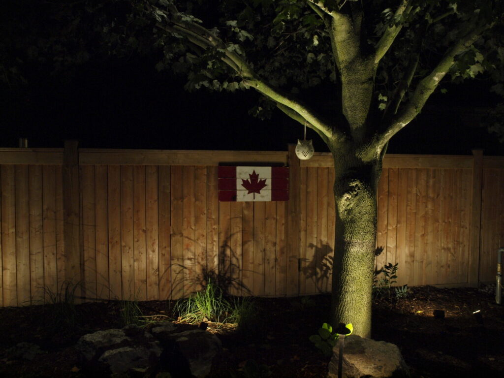 A wooden fence with a Canadian flag on it lit up by outdoor lighting at night.