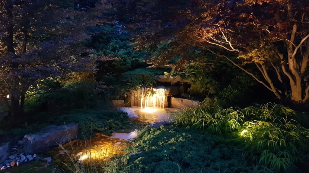 A waterfall and a pond in a garden lit up at night.
