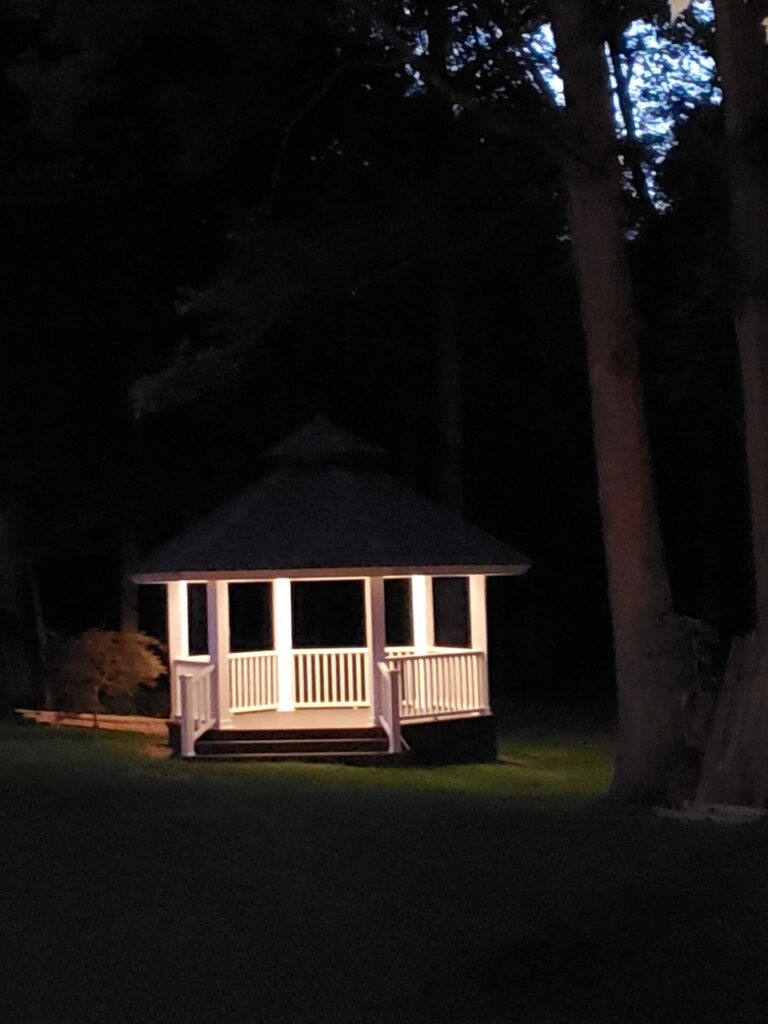 A gazebo lit up at night in a wooded area.