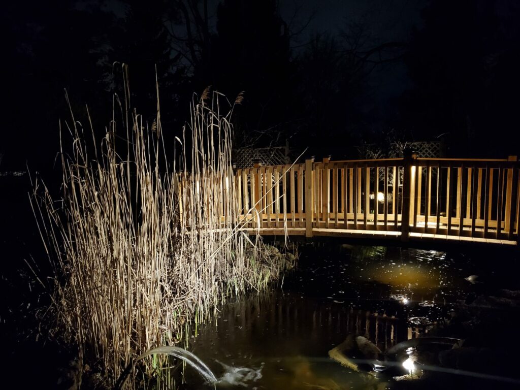 A wooden bridge over a pond lit up at night.