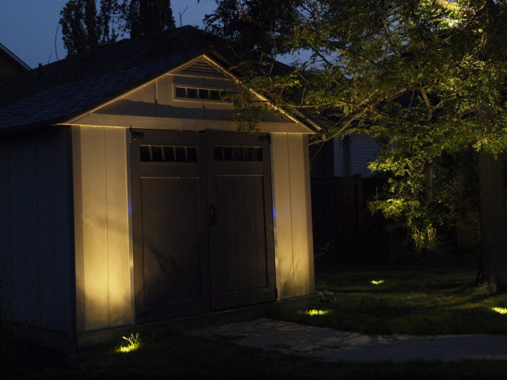 A shed and a tree lit up at night.